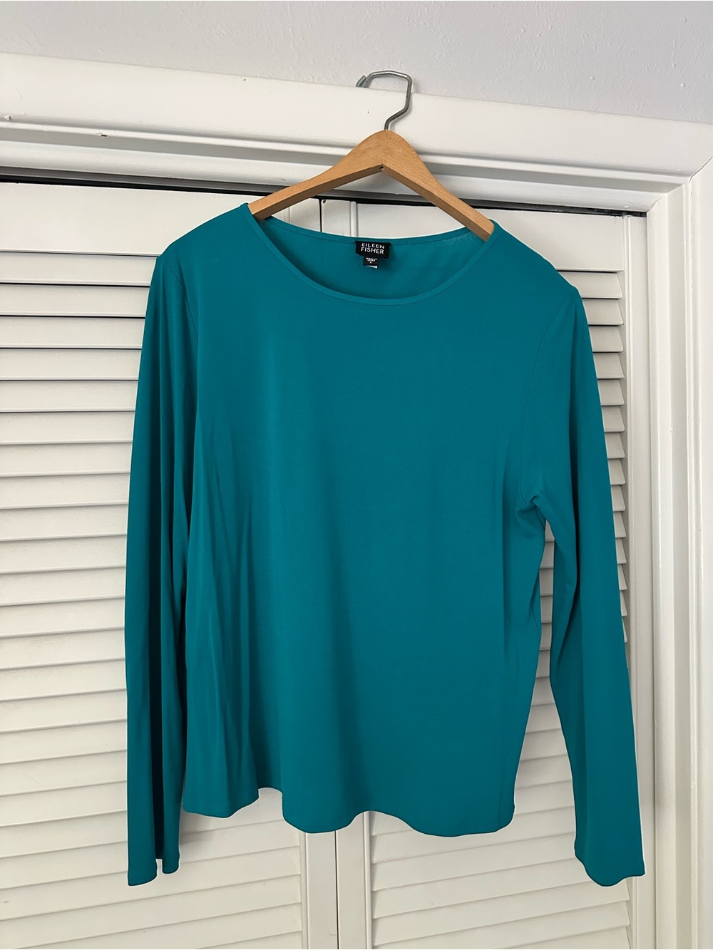 Eileen Fisher Teal Turquoise Relaxed Long-Sleeve Crewneck 100% Silk EUC